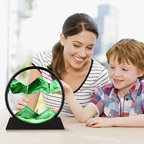 rysnwsu 3D Dynamic Sand Art Liquid Motion, Moving Sand Art Picture Round Glass 3D Deep Sea Sandscape in Motion Display Flowing Sand Painting Relaxing Desk Toys (Green, 7'') - color: Green, size: 7''