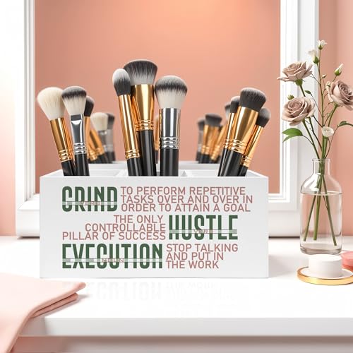 Motivational Office Pencil Pen Holder for Desk, Grind Hustle Execution Wooden Pencil Holder Organizer for Home Office Desk Accessories, Encouragement Gifts for Women - color: Color-Desk accessories white 16