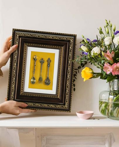 FOLKOR LIFE Vintage Wall Art Decor, Framed Wall Sculptures Art with Embossed Intricate Spoons Design for Home Decor, Dining Room Décor, Coffee Shop, Housewarming Gifts, 10.5x12.5 (Brown & Blue) - color: Brown & Yellow-3 Spoons