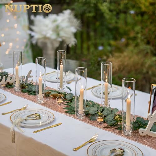 NUPTIO Candle Stick Candle Holder: Set of 6 Glass Hurricane Taper Candleholder - Bulk Candlestick Stand with Tall Cylinder Chimney for Thanksgiving Christmas Holiday Table Decoration