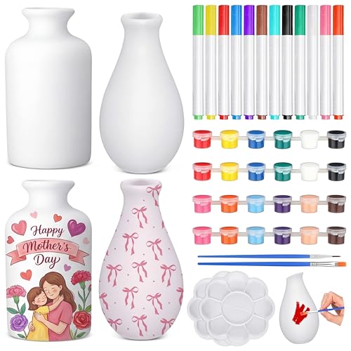 Singhoow 4 Set Mother's Day Paint Your Own Porcelain Paint Vase Art Project White Ceramic Painting Kit for Adults Porcelain Vase Decorating Kit Holiday Supplies DIY(Charming) - color: white
