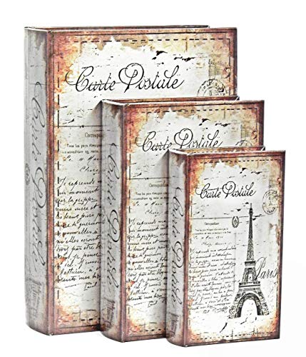 Bellaa 28069 Decorative Book Box Gift Set of 3 Paris Eiffel Tower Vintage Hidden Invisible Secret Storage Heavy Bookends Bookshelves Support End Magnetic Cover Stash Designed Wood Flux Leather - style: Paris White