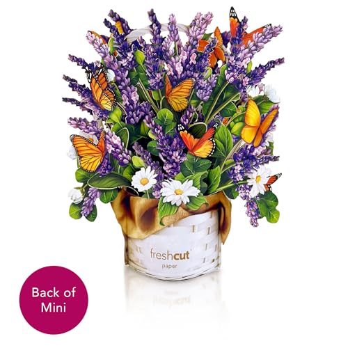 Freshcut Paper Pop Up Cards, Mini Lavender & Butterflies, 6 Inch Life Sized Forever Flower Bouquet 3D Popup Greeting Card, Birthday Cards, Thank You Card, Blank Notecard & Envelope - color: Lavender & Butterflies, size: Mini