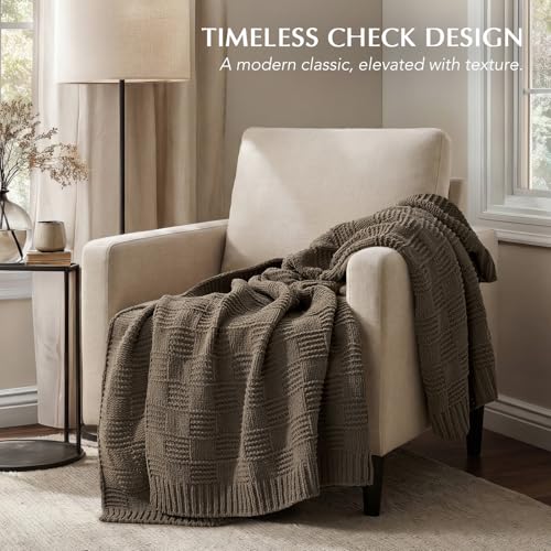 EVERGRACEHOME Modern Checkered Chenille Throw Blanket, Soft Cozy Plaid Knitted Chair Blanket for Sofa Couch, Decorative Knit Throw for Bed and Living Room, Mocha Brown, 50" x 60" - color: Checkered Mocha Brown, size: 50" x 60"