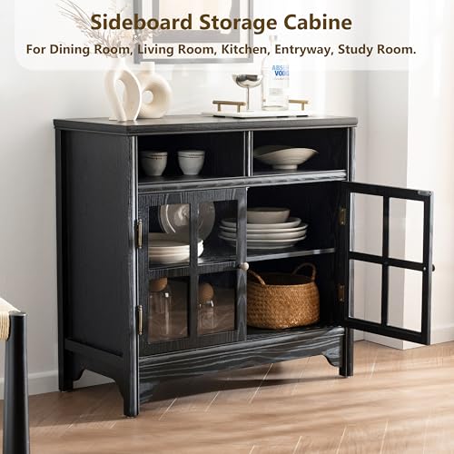 Buffet Cabinet with Storage, Solid Wood Sideboard Cabinet, TV Stands, Coffee Bar Station, Modern Farmhouse Console Table for Dining Room, Kitchen, Living Room, Entryway, Black - color: Black