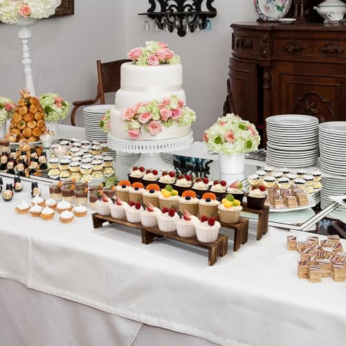 Yikaroeli 2 Set Wood Display Risers Small Wooden Stand for Display Cupcake Stands 9.4"-7.8" Graduated Sizes 3 Tiered 6Pcs Dessert Display Stands for Vendor Events (Brown)