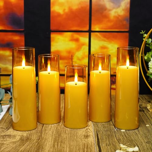 kakoya Flickering Flameless Candles Battery Operated with Remote and 2/4/6/8 H Timer Acrylic Led Pillar Candles Pack of 9 (appr D2.3"xH5.5"6.5"7.5")with Realistic 3D Wick Candles for Home Decor(Gold) - color: Gold