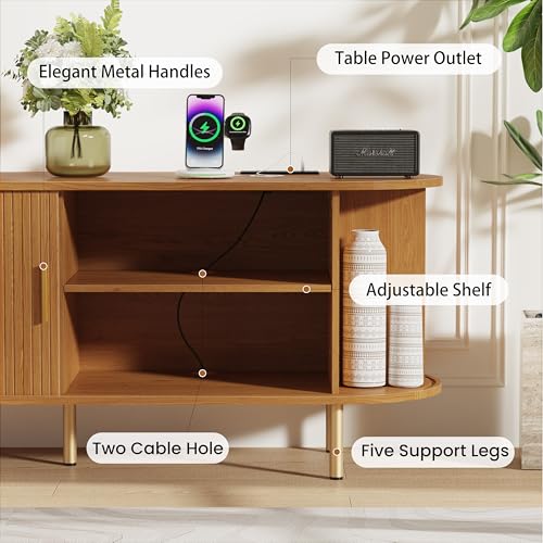 DHH 55 Inch Mid Century Modern TV Stand with Power Outlet for TVs up to 60 Inch, Entertainment Center with Storage and Adjustable Shelves, Media Console with Sliding Doors for Living Room(Yellow) - color: Yellow Walnut, size: 55 Inch