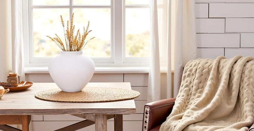 Rustic Rough-Textured Ceramic Vase, Handcrafted Texture Decorative Accent, White, 11.5" Wide x 9.75" Tall