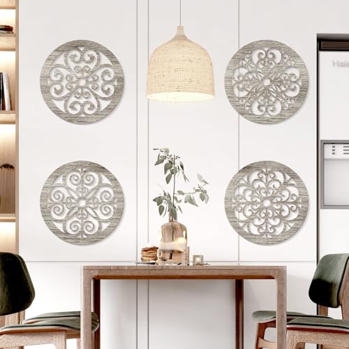 Zzbakress 4 Pieces Farmhouse Wall Decor Rustic Circle Wall Decor Wooden Hollow Carved Round Wall Art for Living Room Bedroom Kitchen Bathroom Home Wall Decoration (Delicate, Retro) - color: Delicate, Retro