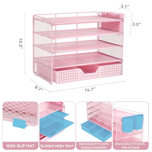 LEKETREE Desk Organizers and Accessories, 5-Tier Paper Letter Tray Organizer with Drawer & 2 Pen Holders, Desktop Organizer for Office Supplies (Pink) - color: Pink, size: 12" x 8" x 10"