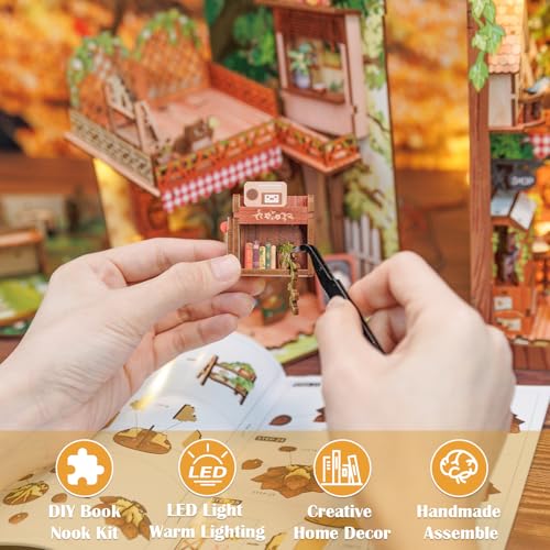 Cutefun Book Nook Kit, DIY Miniature Booknook Kit for Adults, 3D Wooden Puzzle Bookend Bookshelf Decor with LED Light & Dust Cover Creative Crafts Gifts for Book Lovers (Squirrel Collector) - style: Squirrel Collector