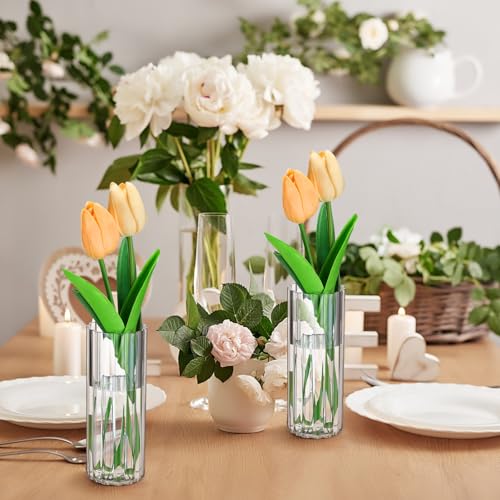 12 Pcs Plastic Small Cylinder Vases for Centerpieces Wedding Decoration, Clear Ribbed Bud Flower Vases Bulk for Wedding Bridal Shower Birthday Living Room Table Decor (5.5 Inch,Cylinder) - size: 5.5 Inch