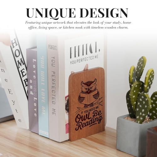 Owl Gifts for Women Men, Owl Bookends, Heavy Duty Wooden Book Ends for Shelves Decorative(1 Pair, 4.72x6.69 Inches)