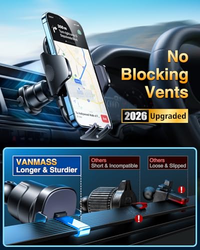 VANMASS Car Phone Holder [Upgraded Strongest Suction & Clip] Cell Phone Mount for Dashboard Windshield Vent Wall,Truck Cradle Stand for iPhone 17 Pro Max 16 15 14 13 12 11 SE Samsung S26 Android,Black - color: Black