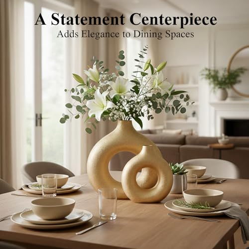 Modern Donut-Shaped Decorative Vases, Handmade Minimalist Boho ins Style, Modern Vase for Home Decor for Wedding Dinner Table Party Living Room Office Bedroom (Gold, Large + Small) - color: Gold, size: Large + Small