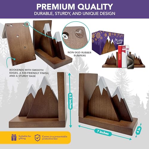 Decorably Dark Walnut Mountain Book Ends for Kids Books - 1 Set Non-Skid Wooden Mountain Bookends for Kids - Kid's Room, Nursery, Classroom