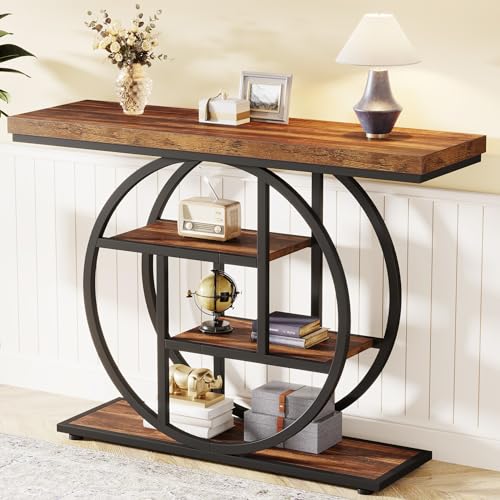 Tribesigns 41.3" Console Table, Industrial 4-Tier Sofa Table Entryway Table with Circle Base, Narrow Wood Accent Tables with Storage Shelves for Living Room, Hallway, Foyer, Rustic Brown - color: Rustic Brown