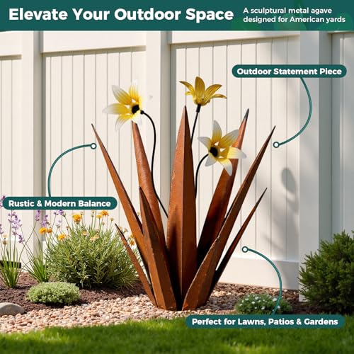 2 Pack Metal Agave Plant Sculptures, Outdoor Agave Plants, Tequila Rustic Sculpture, 16” Hand Painted Garden Decoration Yard Art Plant - color: Rust 2pcs W/ Flower