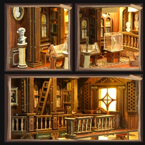 Book Nook Kit with Dust Cover & Stickers, Dust Cover, Bookshelf Insert Decor for Birthday, 3D Wooden Bookends Puzzle, Miniature Dollhouse Kit for Adults, Teens, Beginners（Philosophical Library） - style: Philosophical Library