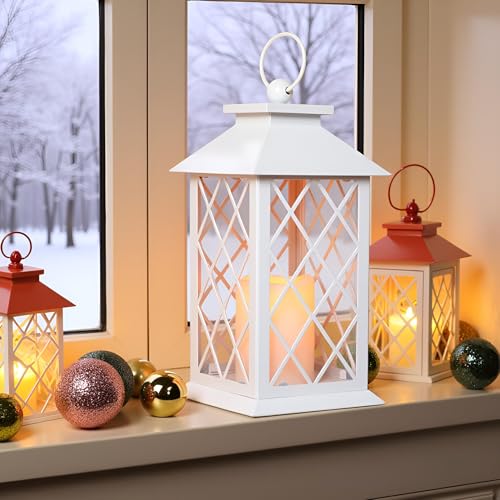 13" Metal Vintage Lantern with Pillar Flameless Candles, Battery Operated Decorative Hanging Retro Iron Lantern with LED Plastic Candle (White) - color: White