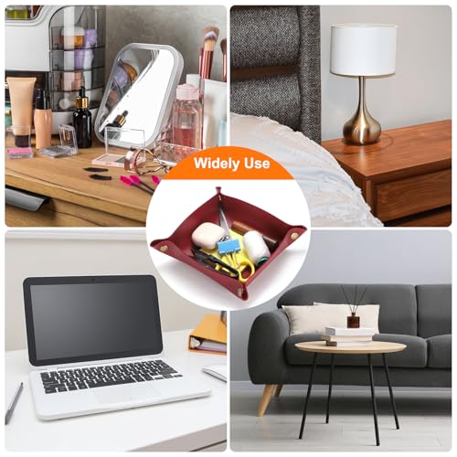 HARFINGTON 4pcs PU Leather Valet Tray Unisex Folding Small Catchall Tray Portable Entryway Table Tray Nightstand Bedside Desk Tray for Key Wallet Watch Coin Jewelry Dice, Wine Red - color: Wine Red