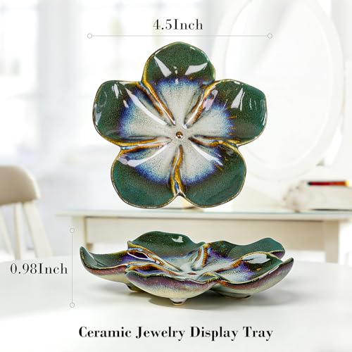 SEEDUSTRY Ceramic Jewelry Tray, Petal Ring Dish, Small Ceramic Jewelry Trinket Holder, Desktop Decoration, Dainty‌ Plate for Rings, Earrings, Necklace, Gifts for Mother Girlfriend Daughter Sister - color: Ink Green