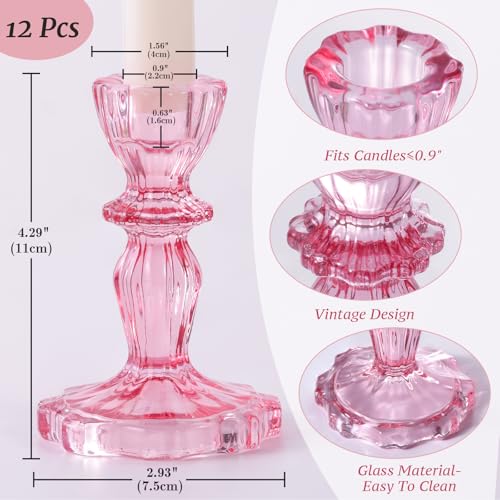 12pcs Taper Candle Holders, Candlestick Holders, Glass Candle Holder - Vintage Flower Design Candle Holders for Wedding, Baby Shower & Mother's Day Decorations (Pink) - color: Pink