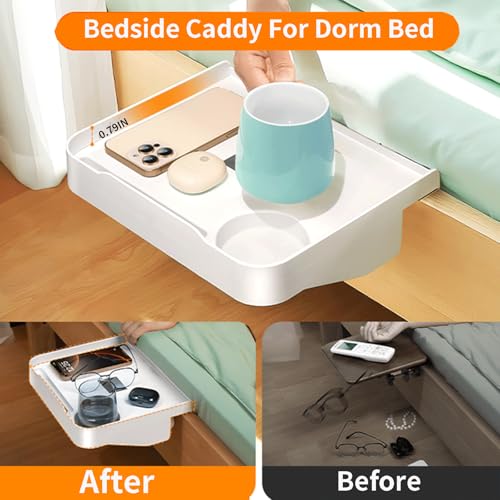 Bedside Caddy for Dorm Bed - Clip On Nightstand with Cup Holder, Floating Bed Side Table Tray Storage,College Dorm Room and Kids Room Essentials,Blending Decor and Storage （White）