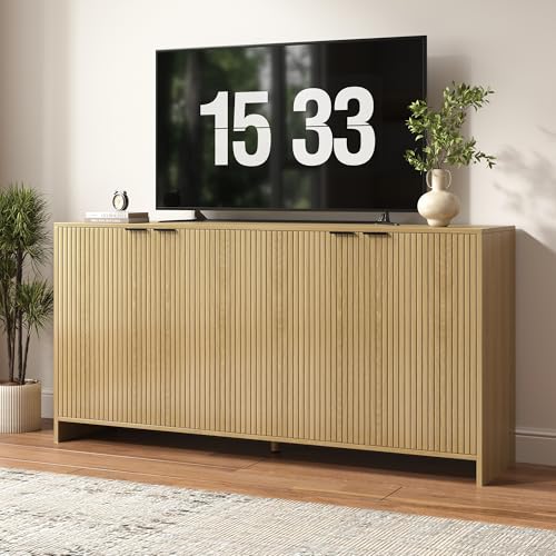 BVIUNTWO Fluted TV Stand for TVs up to 70", Modern TV Console with Storage Cabinet, Entertainment Center with Adjustable Shelves & 4 Doors for Living Room, Natural Oak