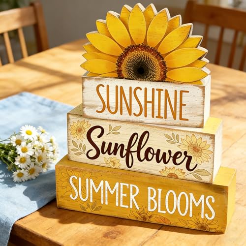 4 Pcs Sunflower Decor Faux Book Stack Blocks Farmhouse Tiered Tray Decor Summer Decorations for Home Kitchen Table Rustic Sunflower Kitchen Decor - style: Sunflower