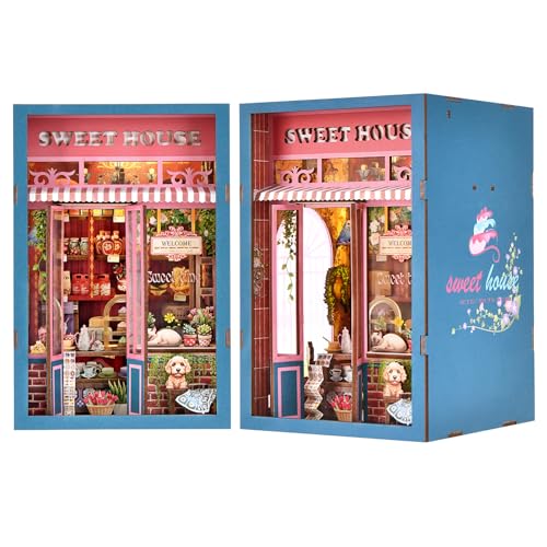Book Nook Kit, Book Nook Kits for Adults DIY Booknook Model Build, DIY 3D Wooden Puzzle Bookend Booknook Bookshelf Insert Miniature Dollhouse Kit for Home Decoration - style: Sweet House