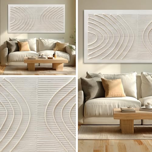 Hue7Art Minimalist Grey Textured Canvas Wall Art with Abstract Soft line Relief, Modern Neutral Artwork for Living Room Bedroom Office Home Decor 24x48 Inch - color: White, size: 48"L x 24"W