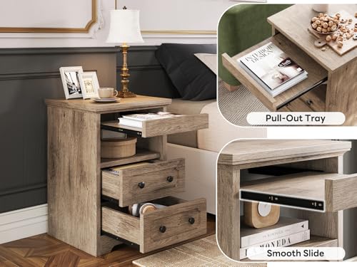 LIKIMIO Night Stand, Modern Bedside Table with 2 Drawers, Open Shelf, End Table with Pull-Out Tray, Wood SideTable, Grey Oak - color: Grey Oak