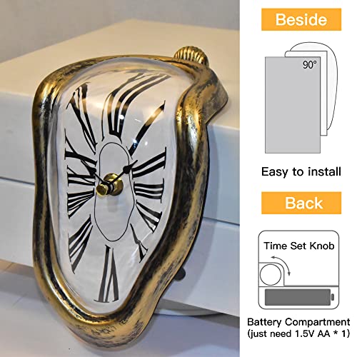 Melting Clock Dali Melted Clock Gift Decor Art Inspired Wall Clock Twisted Shelf Hanging Surrealist for Decorative Shop Office Home Desk Roman Antique Gold… - color: Roman Antique Gold