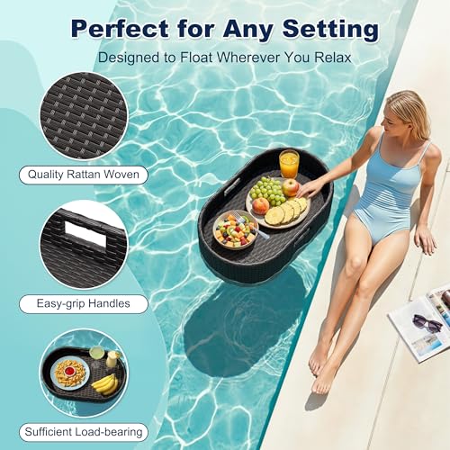 Devoko Floating Pool Tray Large PE Rattan Pool Serving Bar, Luxury Pool Floating Table with Handles for Pool Party, Hot Tub & Beach (Black) - color: Black, size: Medium
