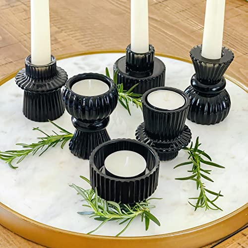 Kate Aspen Vintage Ribbed Glass Black Candlestick Holders, Pillar Candle, Tealight & Votive Candle Holders (Set of 6, 3 Assorted Sizes), Dining Table Decor, Shelf Decor, Centerpiece - color: Black