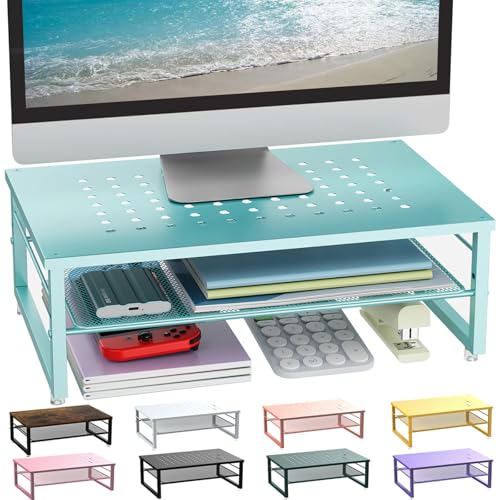 gianotter 2-Tier Metal Monitor Stand Riser, Desk Organizer for Monitor, Office Desk Storage Organizer for Office Supplies (Blue) - color: Blue