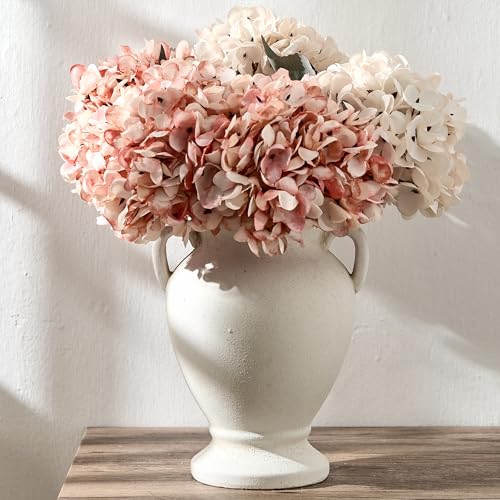 PORCER Ceramic Rustic Flower Vase with Handles, 8.46 Inch Tall Vintage Pottery Home Decor, Farmhouse Terracotta Vase for Living Room, Table, Shelf, Mantel Decoration, Farmhouse- White - color: White- 8.46"