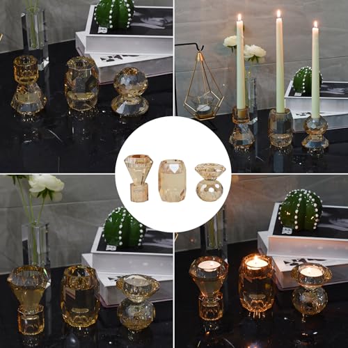 Amber Crystal Candle Holder, Set of 3 Crystal Clear Candlestick Stand for Pillar Taper Tealight Candle,Party, Wedding and Christmas Candle Holder Decoration - color: Champagne