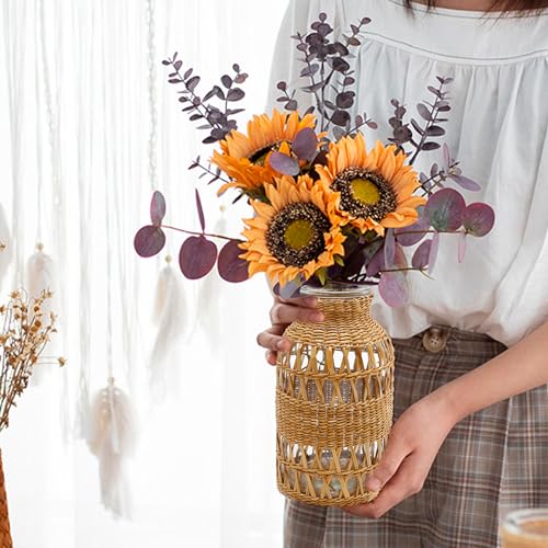Straw Woven Glass Vase 6.29''x1.77''x3.15''Boho Glass Flower Vase Country Rustic Style Vase Glass Vase for Floral Arrangements Housewarming Party Home Decor (C Style 6.29IN) - size: 6.29IN
