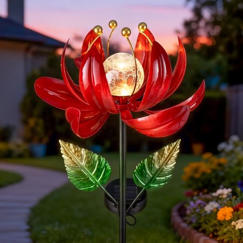 AIINY Solar Lights Outdoor Garden Decor, Solar Wind Spinner Yard Decorations Gifts for Outside, Lotus Windmill Pathway with LED Cracked Crystal Ball Waterproof Flower Sculpture for Patio Lawn - color: Charming Purple