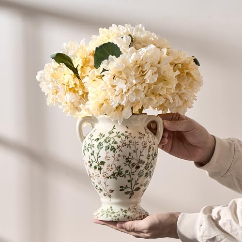 Green and Beige Antique Vase with Handles, Vintage Chinoiserie Floral Vase, Rustic Ceramic Vase for Home Decor, Living Room, Bookshelf, Office, Entryway, Garden, Chinoiserie Decor, Tuscan Decor - color: Beige and Green- 7.78"