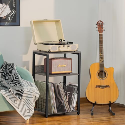 LELELINKY 3 Tier End Table,Record Player Stand with Storage Up to 100 Albums,Turntable Stand for Vinyl, Light Gray Records Shelf for Living Room Bedroom - color: Light Grey, size: Medium