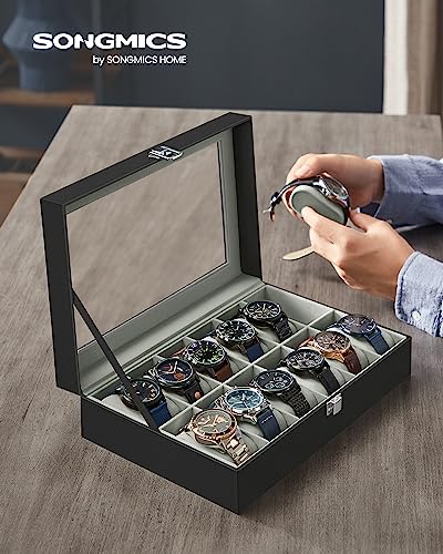 SONGMICS Watch Box, 12-Slot Watch Case Organizer with Large Glass Lid, Removable Pillows, Gift for Loved Ones, Black Synthetic Leather, Gray Lining UJWB12BK - color: Black + Gray, size: 12 Slot