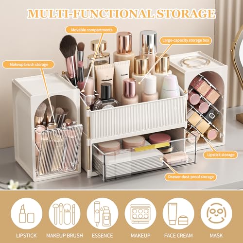 INVSSENE Stackable Makeup Organizer Countertop, Storage Perfume Skincare Cosmetic Lipstick Face Mask Makeup Brush Palettes, Ideal for Vanity Bathroom Counter - color: 3516 White+Clear
