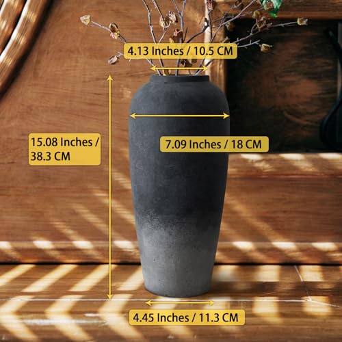 Ceramic Rustic Farmhouse Vase, 15 Inch Black Handmade Pottery Flower Vase for Home Decor, Rustic Living Room Decor, Wedding Gifts, Shelf & Table Decoration - color: Black, size: Large