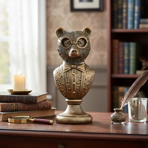 Vintage Animal Statue Sculpture,Gold Resin Bear Bust Figurine with Glasses & Suit, Retro Office Desk Decor for Home Living Room, Creative Gift for Animal Lovers - color: Bear Bust