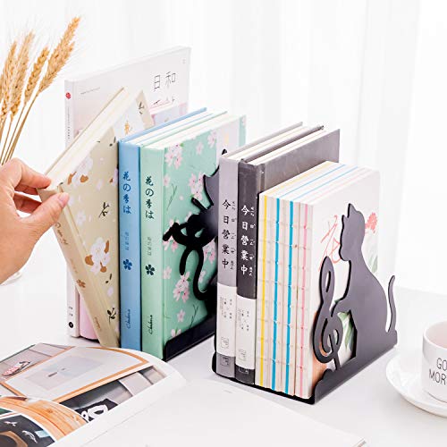 Decorative Art Bookends Cute Cat Playing Music Nonslip Book Ends Supports Books Organizer Heavy Duty Iron Book Stands Stoppers Office School Library Animal Music Note Black Metal Books Holders Racks - color: Music Note Cat