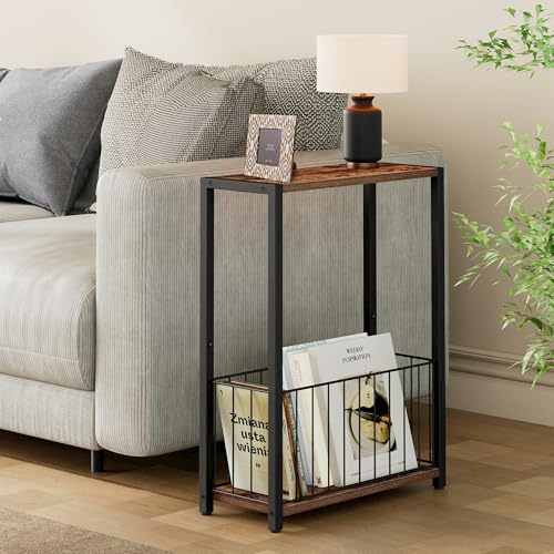 Homleke Narrow Side Table with Magazine Holder, Skinny End Table Perfect for Small Spaces, Space-Saving Design for Living Room, Bedroom, or Office, 7.1" D x 16.9" W x 23.6" H, Rustic Brown - color: Rustic Brown - Standard